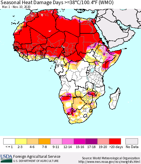 Africa Seasonal Heat Damage Days >=38°C/100°F (WMO) Thematic Map For 3/1/2020 - 11/10/2020