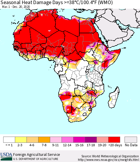Africa Seasonal Heat Damage Days >=38°C/100°F (WMO) Thematic Map For 3/1/2020 - 12/20/2020