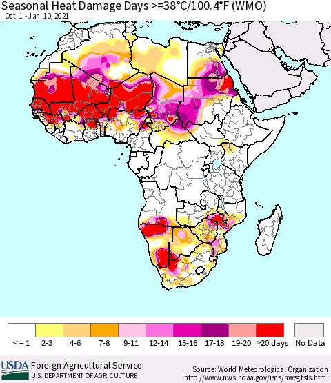 Africa Seasonal Heat Damage Days >=38°C/100°F (WMO) Thematic Map For 10/1/2020 - 1/10/2021