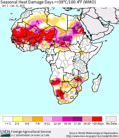 Africa Seasonal Heat Damage Days >=38°C/100°F (WMO) Thematic Map For 10/1/2020 - 1/31/2021