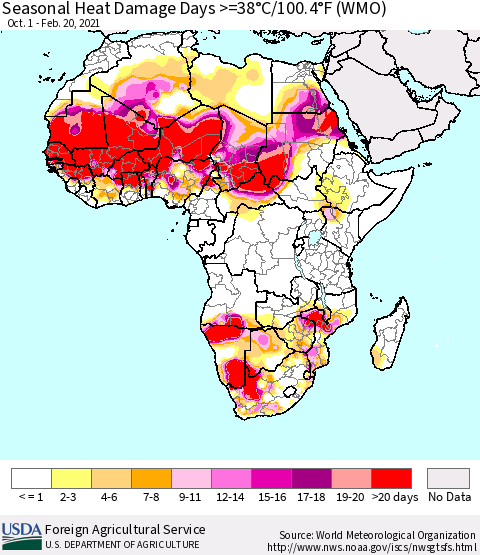 Africa Seasonal Heat Damage Days >=38°C/100°F (WMO) Thematic Map For 10/1/2020 - 2/20/2021