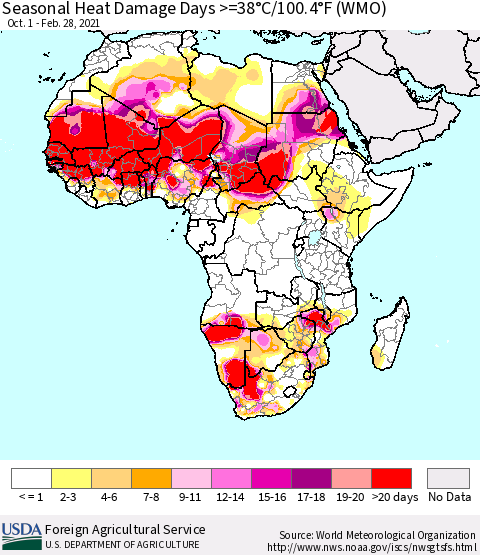 Africa Seasonal Heat Damage Days >=38°C/100°F (WMO) Thematic Map For 10/1/2020 - 2/28/2021