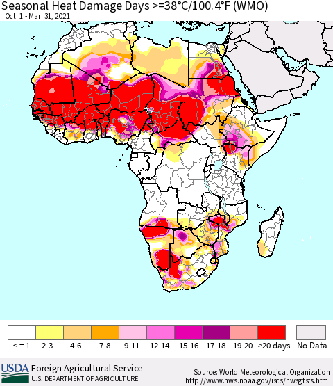 Africa Seasonal Heat Damage Days >=38°C/100°F (WMO) Thematic Map For 10/1/2020 - 3/31/2021