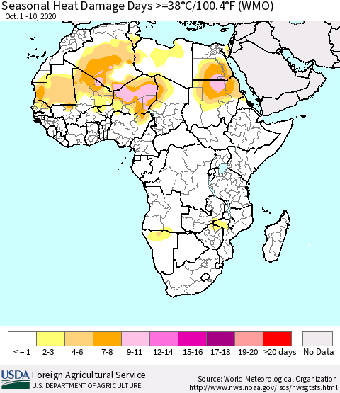 Africa Seasonal Heat Damage Days >=38°C/100°F (WMO) Thematic Map For 10/1/2020 - 10/10/2020