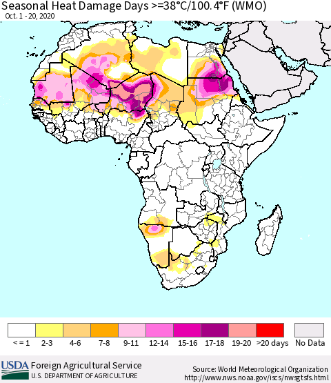 Africa Seasonal Heat Damage Days >=38°C/100°F (WMO) Thematic Map For 10/1/2020 - 10/20/2020