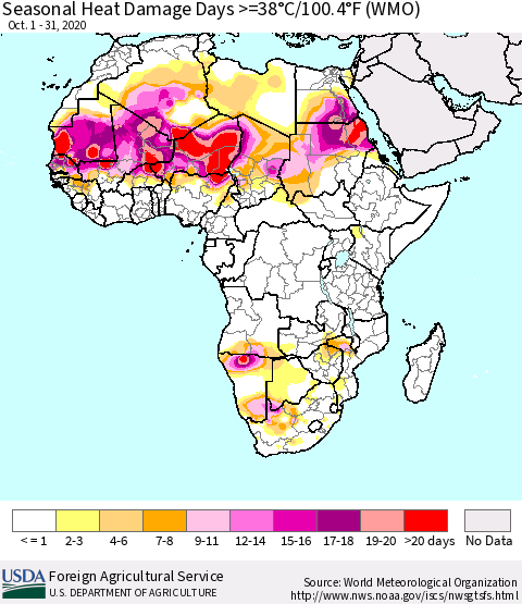 Africa Seasonal Heat Damage Days >=38°C/100°F (WMO) Thematic Map For 10/1/2020 - 10/31/2020