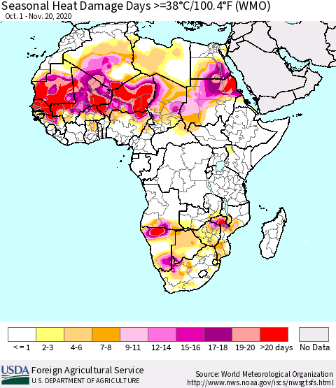Africa Seasonal Heat Damage Days >=38°C/100°F (WMO) Thematic Map For 10/1/2020 - 11/20/2020