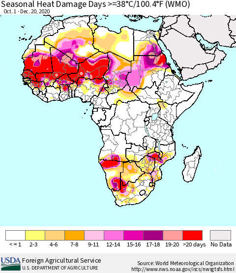 Africa Seasonal Heat Damage Days >=38°C/100°F (WMO) Thematic Map For 10/1/2020 - 12/20/2020
