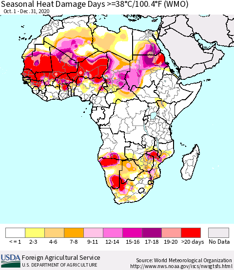 Africa Seasonal Heat Damage Days >=38°C/100°F (WMO) Thematic Map For 10/1/2020 - 12/31/2020