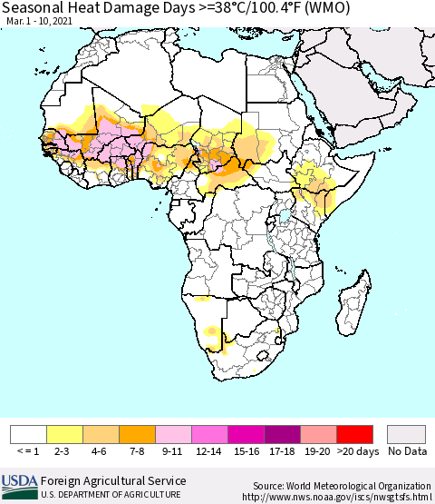 Africa Seasonal Heat Damage Days >=38°C/100°F (WMO) Thematic Map For 3/1/2021 - 3/10/2021