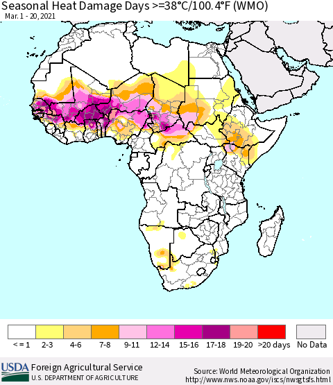 Africa Seasonal Heat Damage Days >=38°C/100°F (WMO) Thematic Map For 3/1/2021 - 3/20/2021
