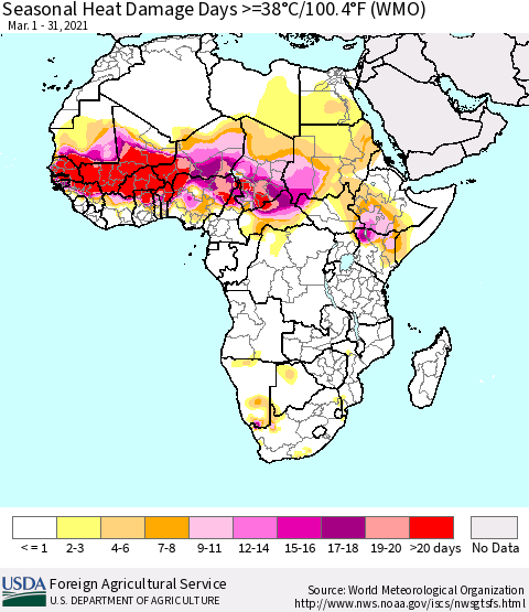 Africa Seasonal Heat Damage Days >=38°C/100°F (WMO) Thematic Map For 3/1/2021 - 3/31/2021