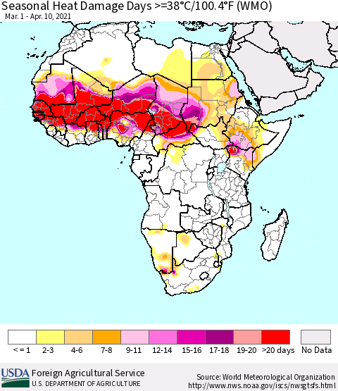 Africa Seasonal Heat Damage Days >=38°C/100°F (WMO) Thematic Map For 3/1/2021 - 4/10/2021