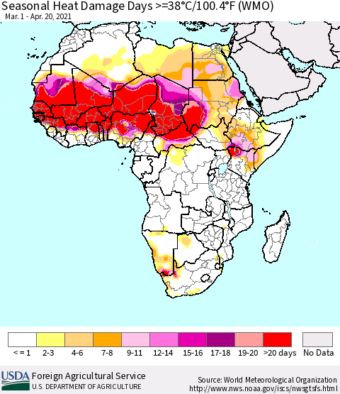 Africa Seasonal Heat Damage Days >=38°C/100°F (WMO) Thematic Map For 3/1/2021 - 4/20/2021