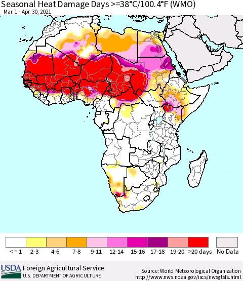 Africa Seasonal Heat Damage Days >=38°C/100°F (WMO) Thematic Map For 3/1/2021 - 4/30/2021