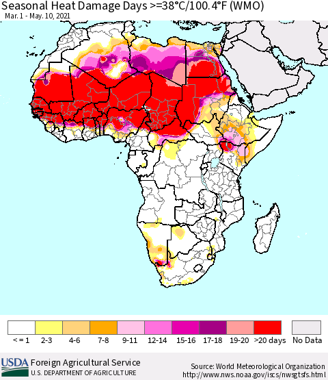 Africa Seasonal Heat Damage Days >=38°C/100°F (WMO) Thematic Map For 3/1/2021 - 5/10/2021