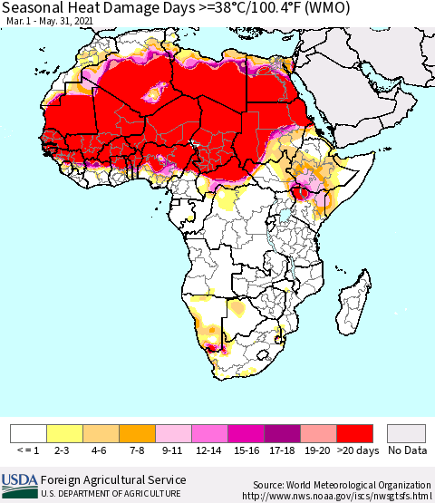 Africa Seasonal Heat Damage Days >=38°C/100°F (WMO) Thematic Map For 3/1/2021 - 5/31/2021