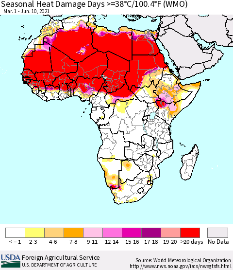Africa Seasonal Heat Damage Days >=38°C/100°F (WMO) Thematic Map For 3/1/2021 - 6/10/2021