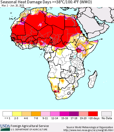 Africa Seasonal Heat Damage Days >=38°C/100°F (WMO) Thematic Map For 3/1/2021 - 6/20/2021