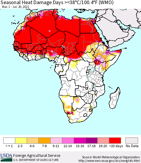 Africa Seasonal Heat Damage Days >=38°C/100°F (WMO) Thematic Map For 3/1/2021 - 7/20/2021