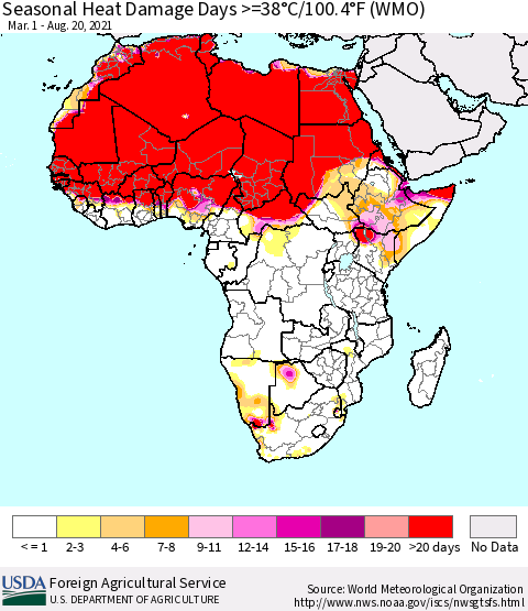 Africa Seasonal Heat Damage Days >=38°C/100°F (WMO) Thematic Map For 3/1/2021 - 8/20/2021