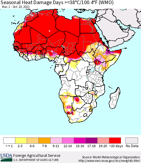 Africa Seasonal Heat Damage Days >=38°C/100°F (WMO) Thematic Map For 3/1/2021 - 10/10/2021