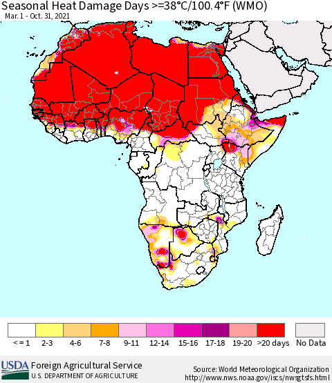 Africa Seasonal Heat Damage Days >=38°C/100°F (WMO) Thematic Map For 3/1/2021 - 10/31/2021