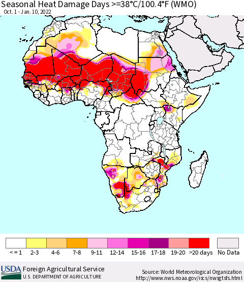 Africa Seasonal Heat Damage Days >=38°C/100°F (WMO) Thematic Map For 10/1/2021 - 1/10/2022