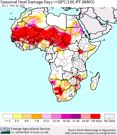Africa Seasonal Heat Damage Days >=38°C/100°F (WMO) Thematic Map For 10/1/2021 - 2/20/2022