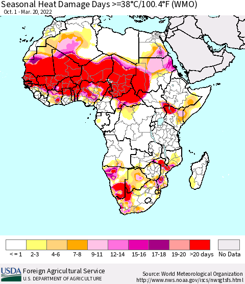 Africa Seasonal Heat Damage Days >=38°C/100°F (WMO) Thematic Map For 10/1/2021 - 3/20/2022