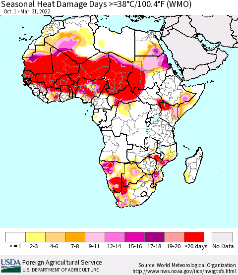 Africa Seasonal Heat Damage Days >=38°C/100°F (WMO) Thematic Map For 10/1/2021 - 3/31/2022