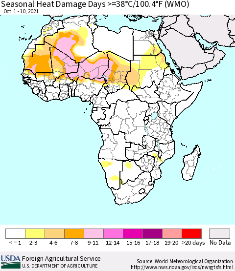 Africa Seasonal Heat Damage Days >=38°C/100°F (WMO) Thematic Map For 10/1/2021 - 10/10/2021