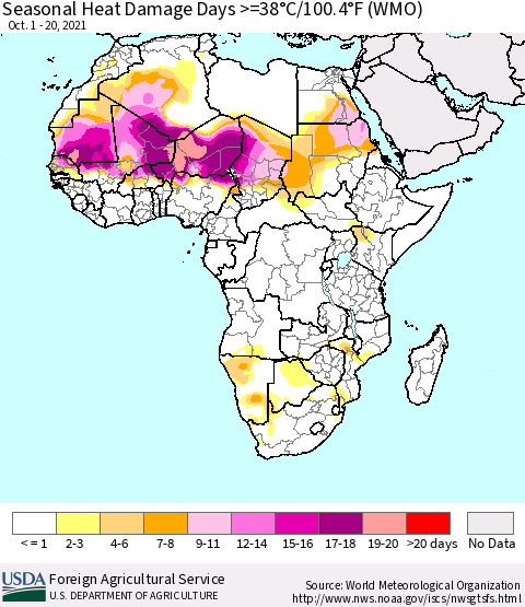 Africa Seasonal Heat Damage Days >=38°C/100°F (WMO) Thematic Map For 10/1/2021 - 10/20/2021