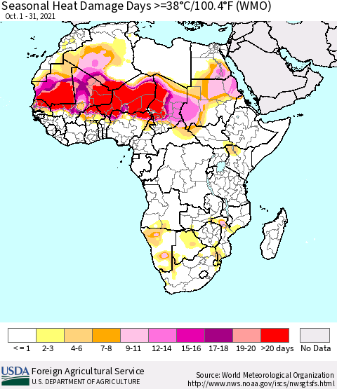 Africa Seasonal Heat Damage Days >=38°C/100°F (WMO) Thematic Map For 10/1/2021 - 10/31/2021
