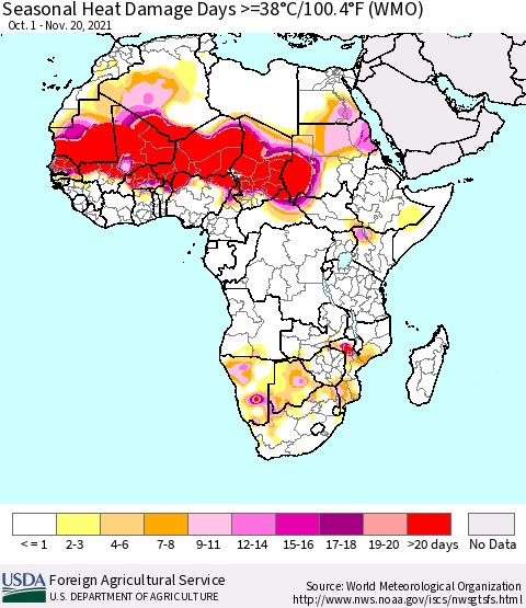 Africa Seasonal Heat Damage Days >=38°C/100°F (WMO) Thematic Map For 10/1/2021 - 11/20/2021