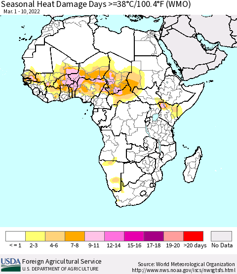Africa Seasonal Heat Damage Days >=38°C/100°F (WMO) Thematic Map For 3/1/2022 - 3/10/2022