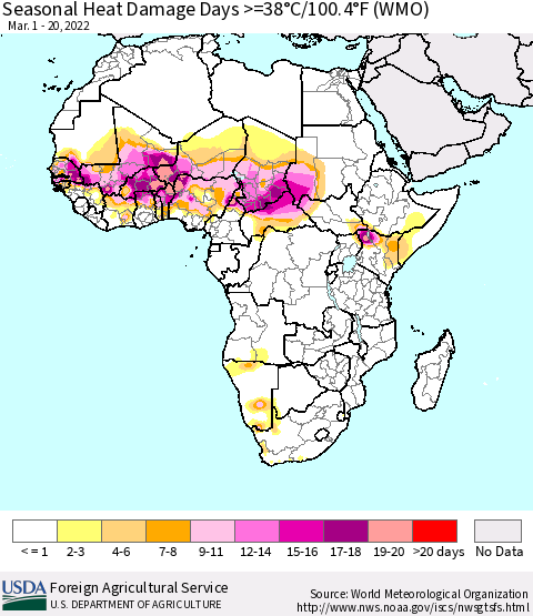 Africa Seasonal Heat Damage Days >=38°C/100°F (WMO) Thematic Map For 3/1/2022 - 3/20/2022