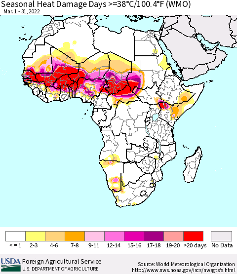 Africa Seasonal Heat Damage Days >=38°C/100°F (WMO) Thematic Map For 3/1/2022 - 3/31/2022