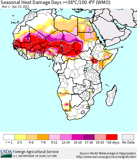 Africa Seasonal Heat Damage Days >=38°C/100°F (WMO) Thematic Map For 3/1/2022 - 4/10/2022