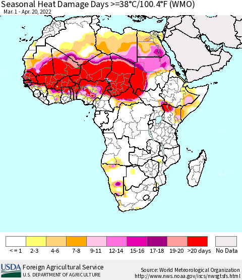 Africa Seasonal Heat Damage Days >=38°C/100°F (WMO) Thematic Map For 3/1/2022 - 4/20/2022