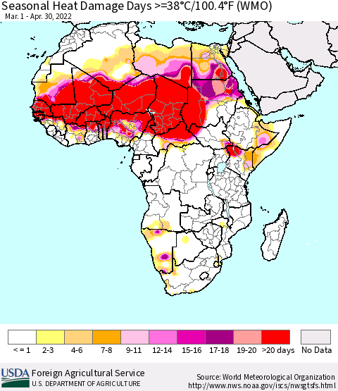 Africa Seasonal Heat Damage Days >=38°C/100°F (WMO) Thematic Map For 3/1/2022 - 4/30/2022