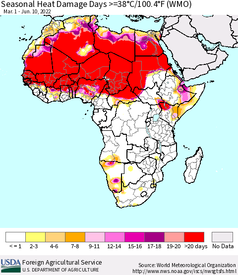 Africa Seasonal Heat Damage Days >=38°C/100°F (WMO) Thematic Map For 3/1/2022 - 6/10/2022