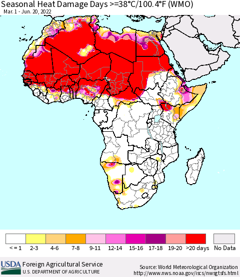 Africa Seasonal Heat Damage Days >=38°C/100°F (WMO) Thematic Map For 3/1/2022 - 6/20/2022