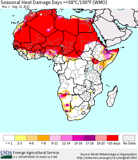 Africa Seasonal Heat Damage Days >=38°C/100°F (WMO) Thematic Map For 3/1/2022 - 8/31/2022