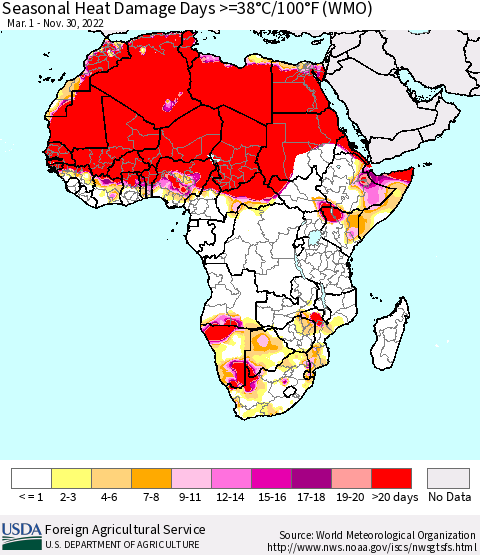Africa Seasonal Heat Damage Days >=38°C/100°F (WMO) Thematic Map For 3/1/2022 - 11/30/2022
