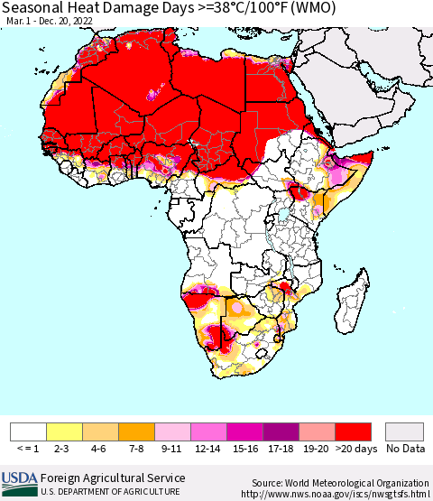 Africa Seasonal Heat Damage Days >=38°C/100°F (WMO) Thematic Map For 3/1/2022 - 12/20/2022