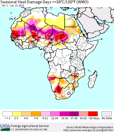 Africa Seasonal Heat Damage Days >=38°C/100°F (WMO) Thematic Map For 10/1/2022 - 1/10/2023