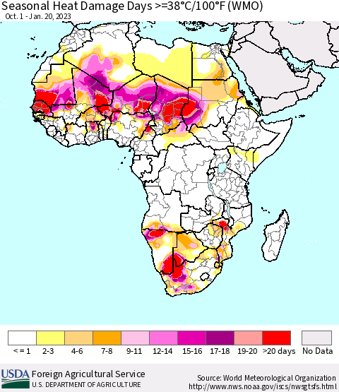 Africa Seasonal Heat Damage Days >=38°C/100°F (WMO) Thematic Map For 10/1/2022 - 1/20/2023
