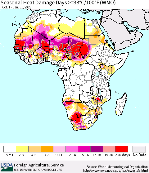 Africa Seasonal Heat Damage Days >=38°C/100°F (WMO) Thematic Map For 10/1/2022 - 1/31/2023