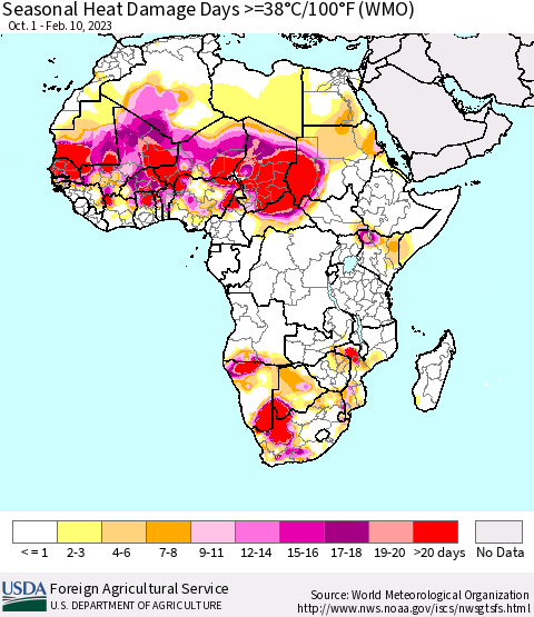 Africa Seasonal Heat Damage Days >=38°C/100°F (WMO) Thematic Map For 10/1/2022 - 2/10/2023